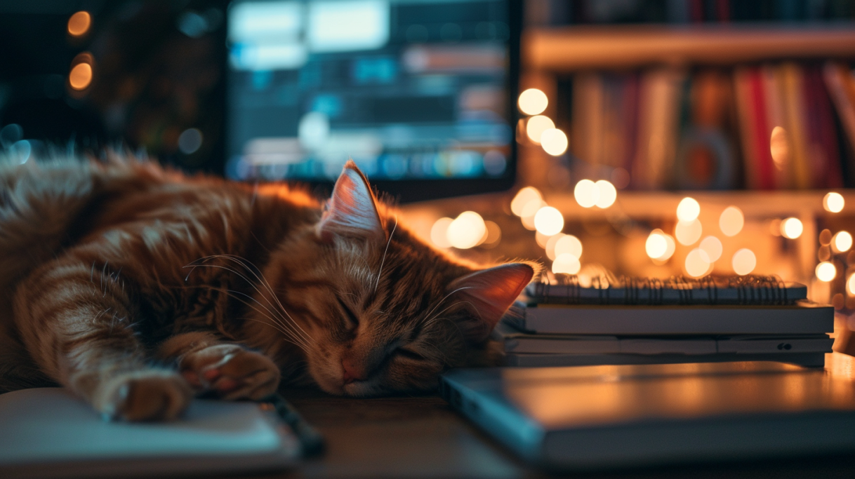 A ginger cat sleeping beside a laptop, notebooks and a glowing screen, with warm fairy lights in the background – capturing the quiet, cosy vibe of a Football Manager creator’s late-night workspace.