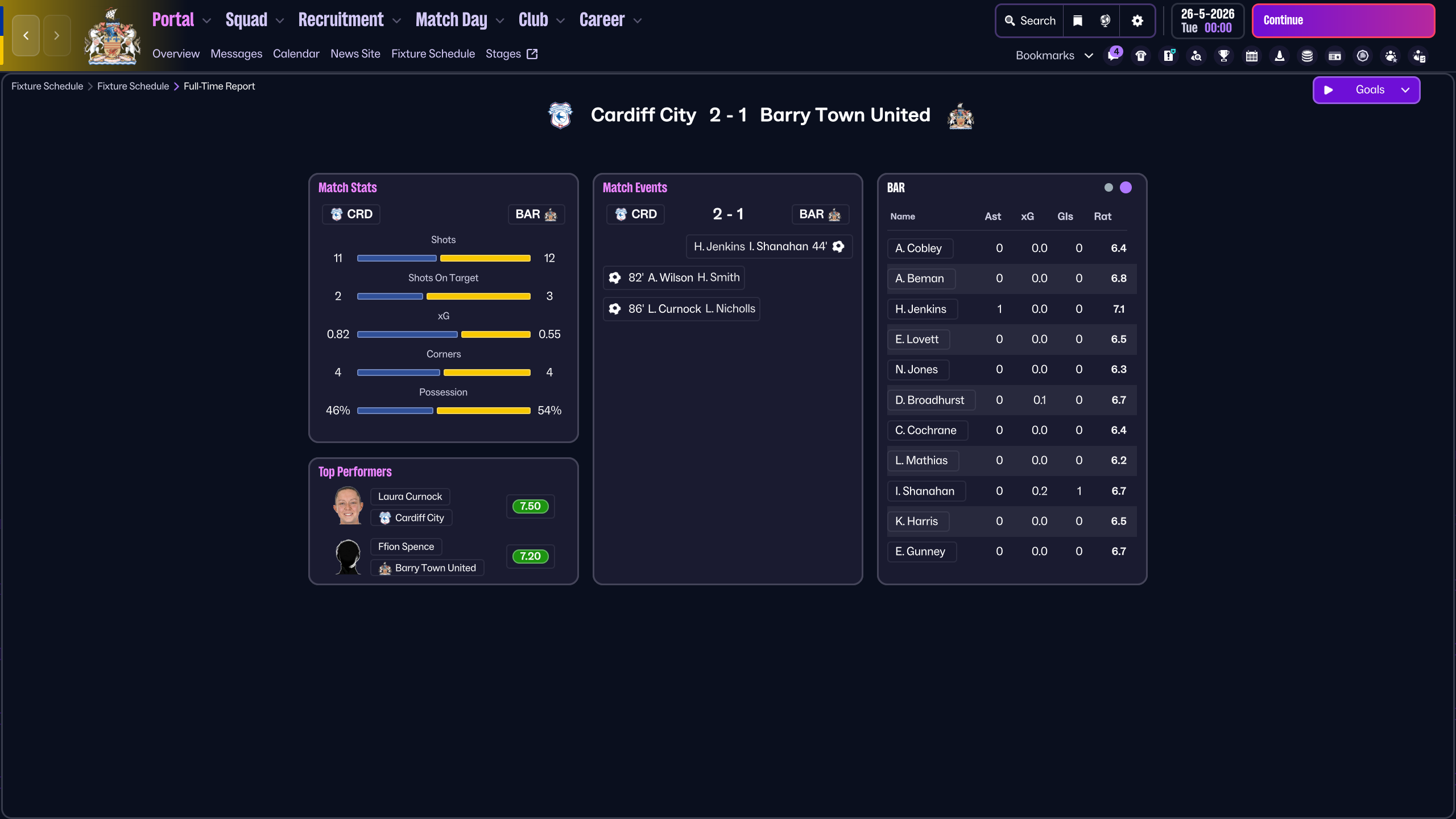 Barry Town United vs Cardiff - match screenshot