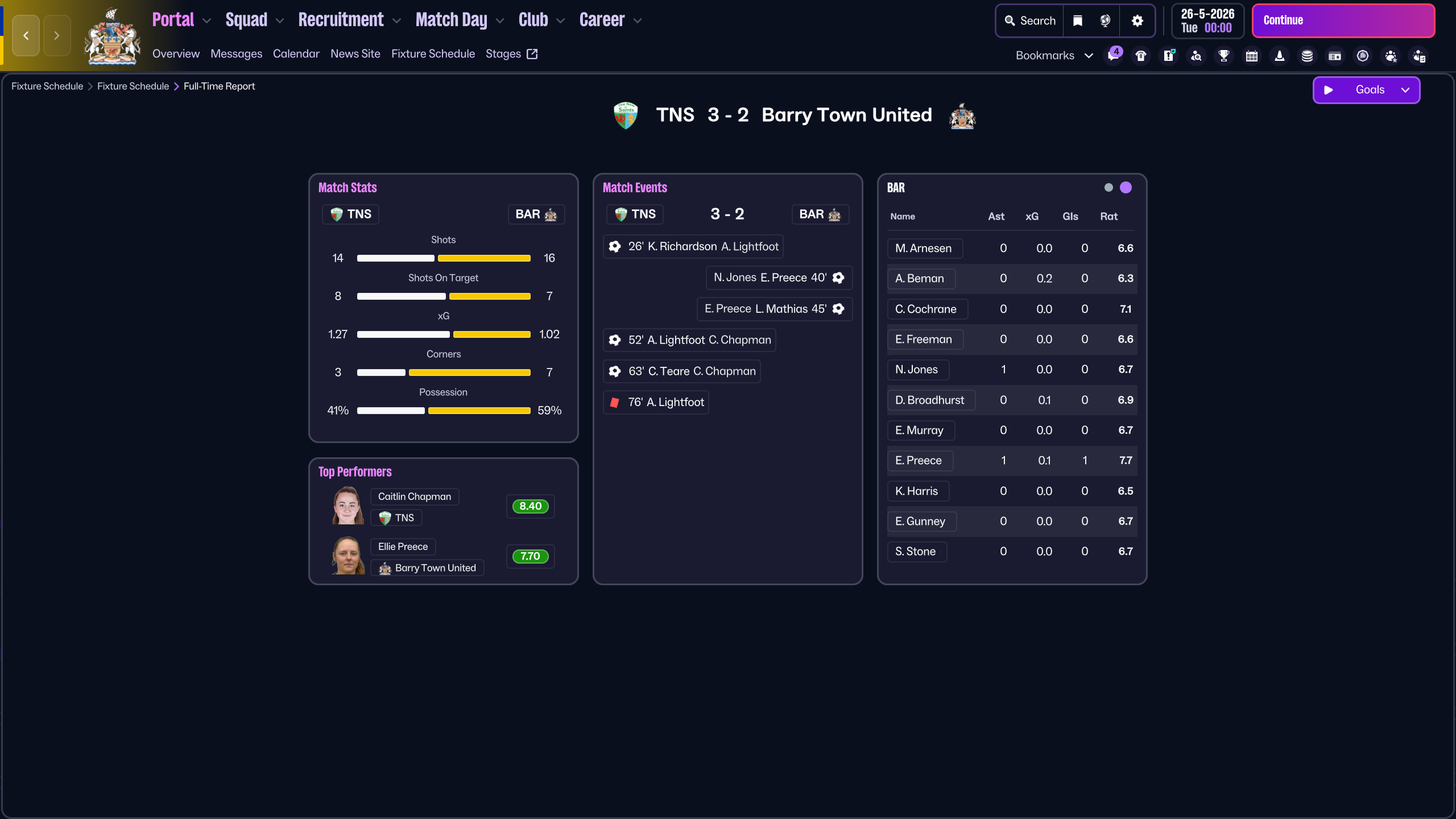 Barry Town United vs TNS - match screenshot