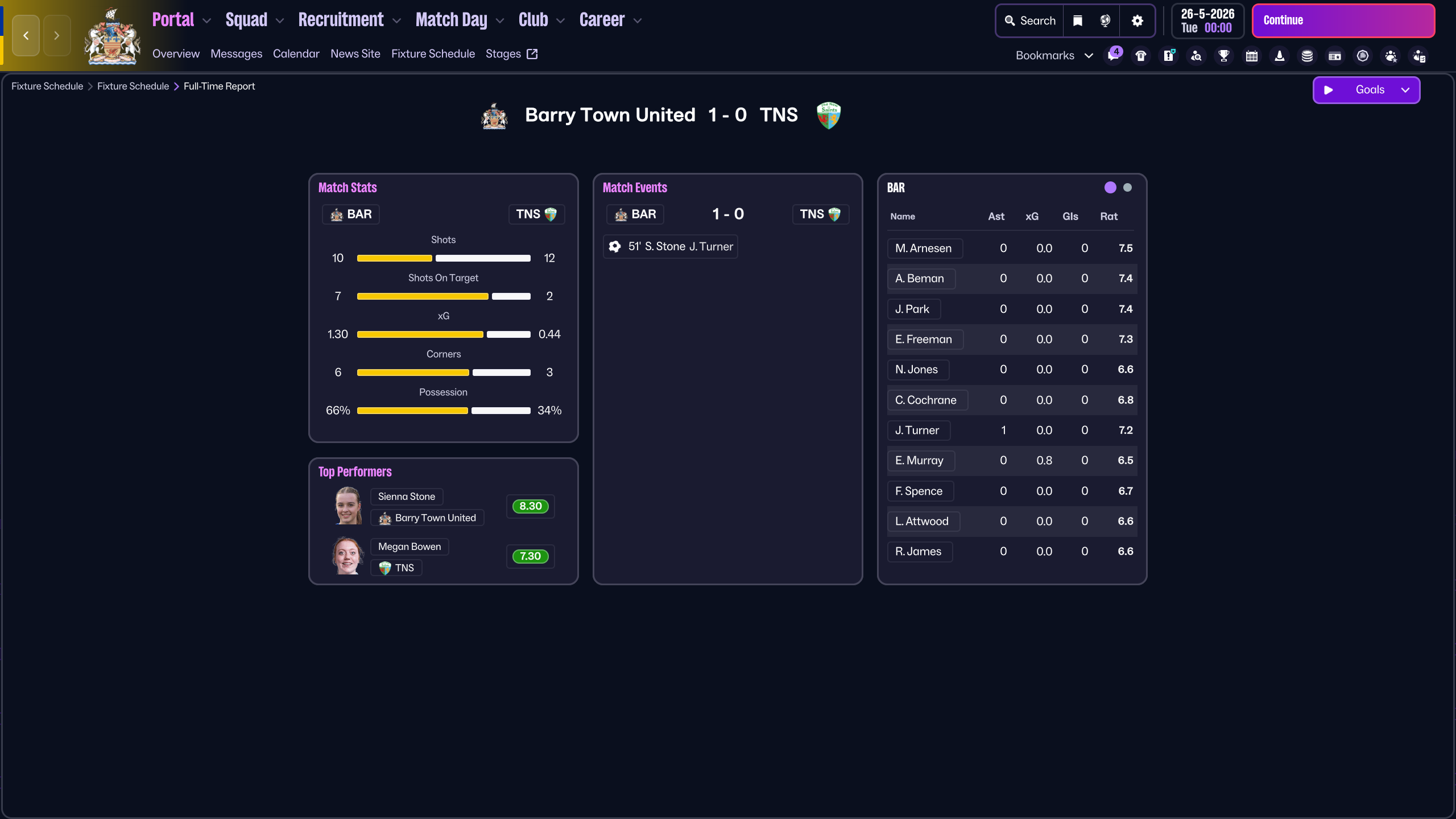 Barry Town United vs TNS - match screenshot