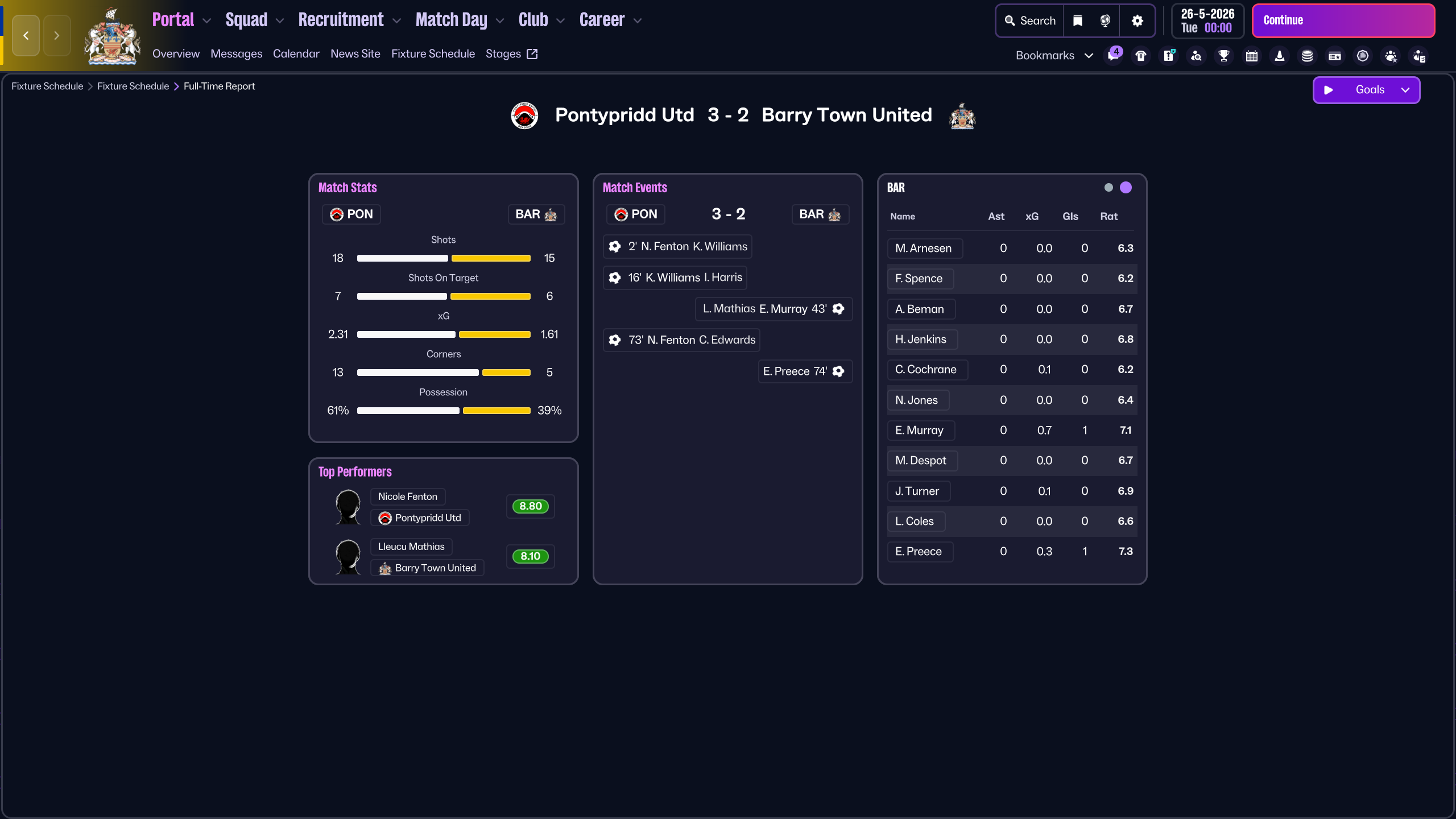 Barry Town United vs Pontypridd - match screenshot