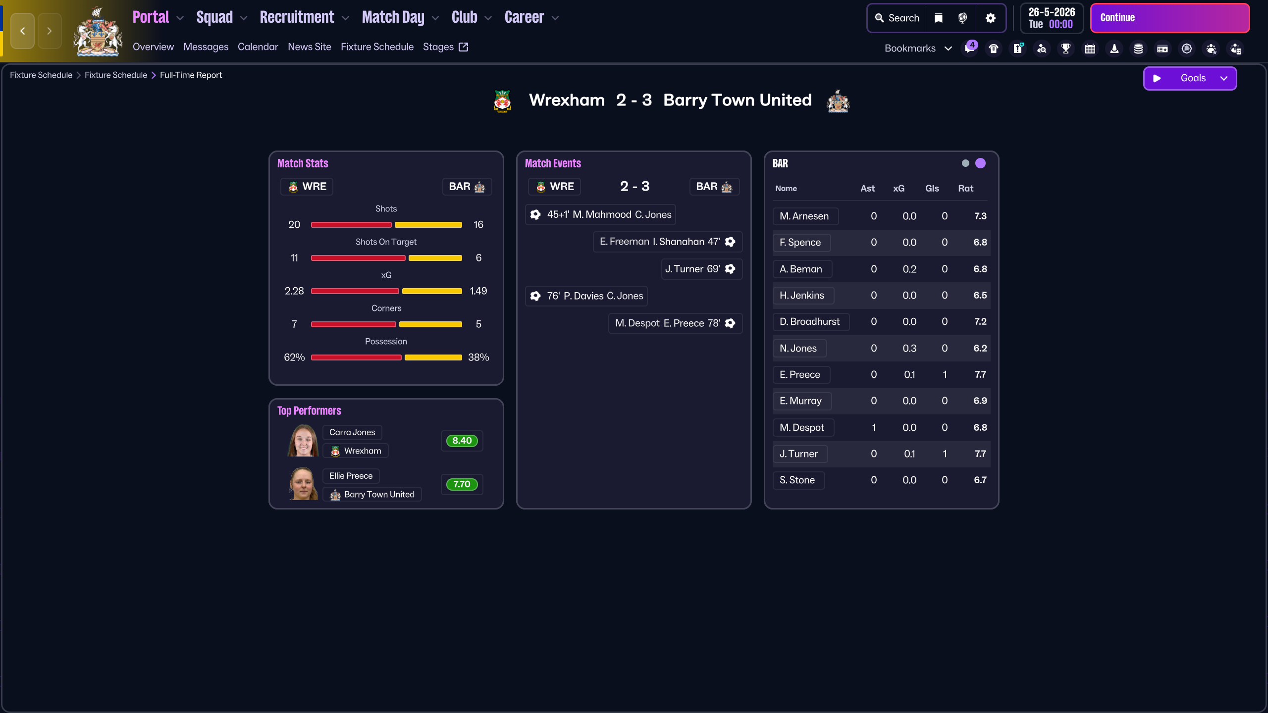 Barry Town United vs Wrexham- match screenshot